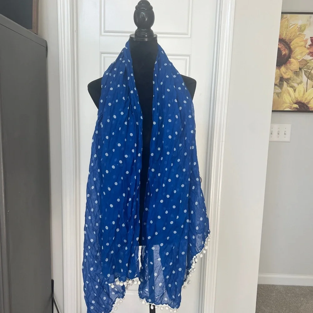 Blue Polka Dot Scarf 70x38” White Bobble Trim Cotton Blend
